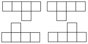 Fire figurer sammensatt av 5 kvadrater hver. 4 kvadrater etterhverandre på rekke, det siste kvadratet er plassert langs sidekanten på kvadrat nummer 2 i rekken. De 4 figurene er rotasjoner og speilinger av den beskrevne figuren. 